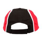 Back view of a black and red cap with white stripes and an adjustable strap.