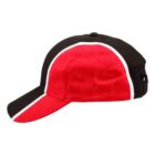 Red and black baseball cap with a white curved stripe, shown from the side.