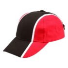 Red and black baseball cap with white stripes on the sides and brim.
