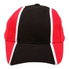 Red and black baseball cap with white vertical stripes on the front.