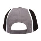 Back view of a gray and black cap with white stripes and an adjustable strap.