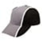 A grey and black baseball cap with a white trim along the seams.