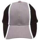 Gray and black baseball cap with white stripes on the front and sides.