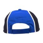 Back view of a blue and black baseball cap with white stripes and an adjustable strap.