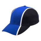 Blue and black baseball cap with white stripes on the sides and brim.
