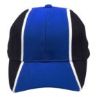 Blue and black baseball cap with white stripes, viewed from the front.