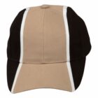 Tan and black baseball cap with white vertical stripes on the front and brim.