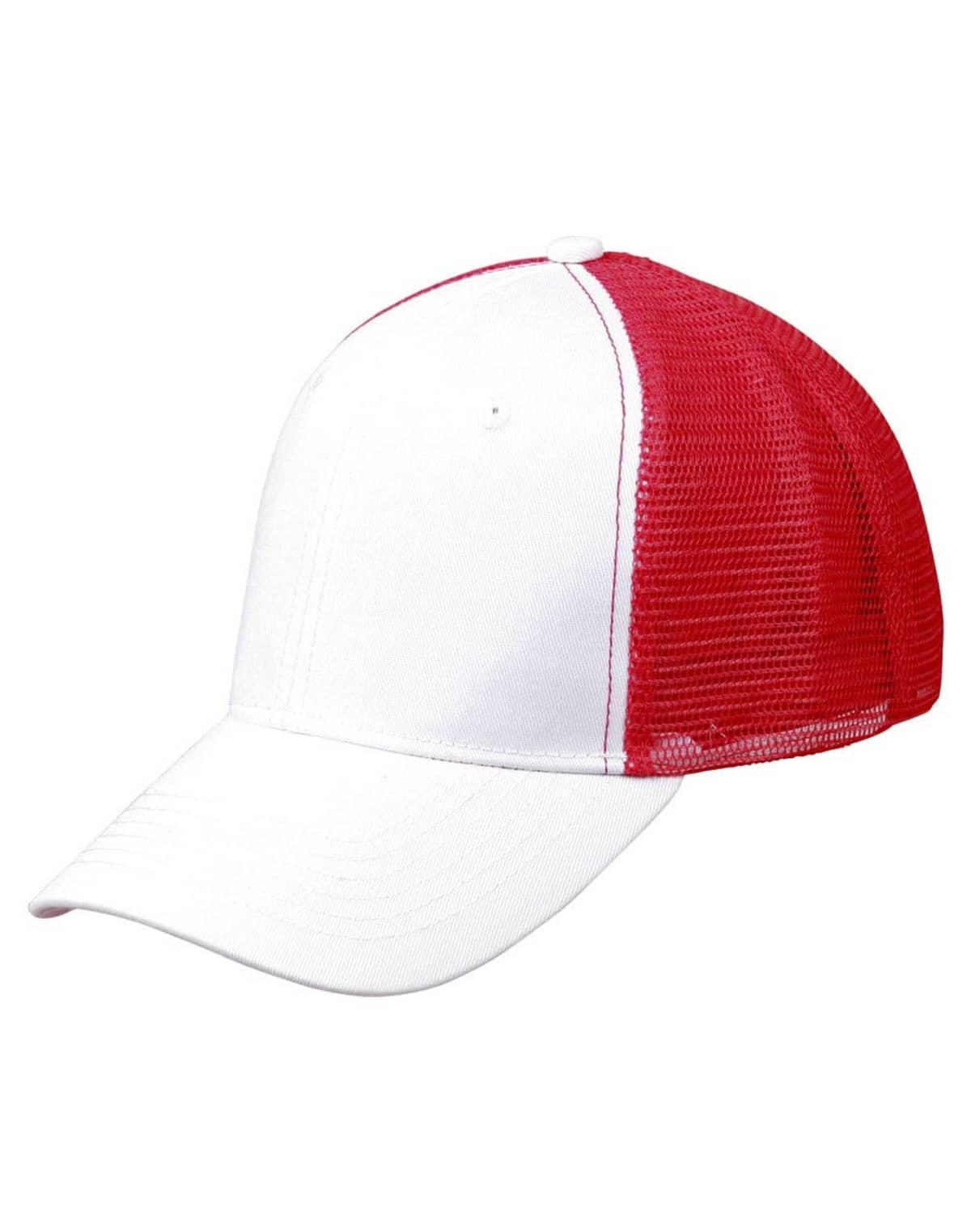 White and red trucker cap with a mesh back and curved brim, shown on a white background.