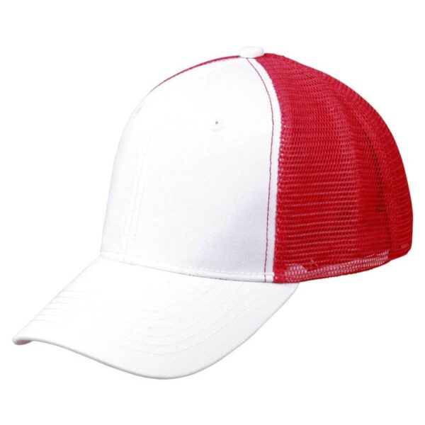 White and red trucker hat with a mesh back and a curved brim.