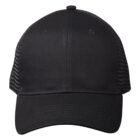 Black trucker hat with mesh sides and a curved brim, shown from the front.