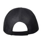 Back view of a black mesh baseball cap with an adjustable strap.