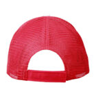 Back view of a red mesh baseball cap with an adjustable strap.