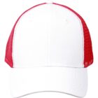 A white baseball cap with red mesh sides and back, viewed from the front.
