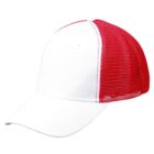 White and red trucker hat with a mesh back and curved brim.