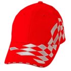 Red baseball cap with white checkered flag design on the front and side.