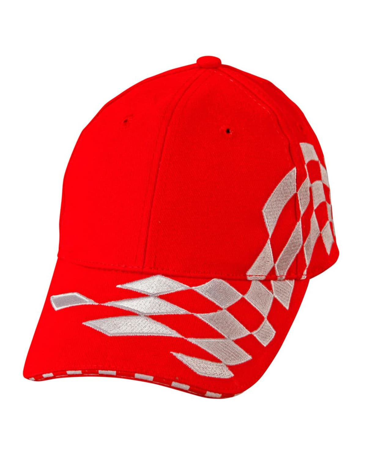 Red baseball cap with white checkered flag design on the front and side.
