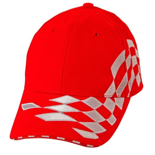 Bright red baseball cap with a white checkered flag pattern on the brim and side.