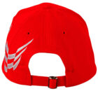Back view of a red cap with a silver checkered pattern and adjustable strap.