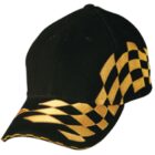 Black cap with gold checkered flag pattern on the side and brim.