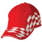 Red baseball cap with a white checkered flag pattern on the bill and side.