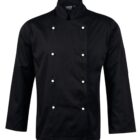Black chef jacket with long sleeves and white buttons on the front.
