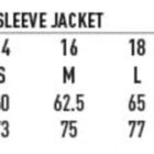Chef jacket size chart with chest and body length measurements for sizes 8/10 to 26/28.