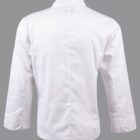 White long-sleeve chef jacket shown from the back against a plain gray background.