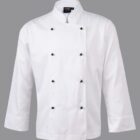 A white double-breasted chef’s jacket with black buttons on a gray background.