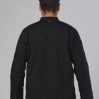 Man wearing a black long-sleeve shirt, shown from the back against a plain background.