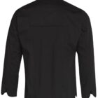Back view of a black long-sleeve jacket with a stand-up collar and button detail.