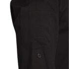 Close-up of a black shirt sleeve with a pocket and a black button.