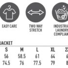 Icons for chef jacket features and a size chart listing chest and body length measurements.