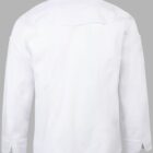 Back view of a long-sleeve white shirt with a high collar and button detail.