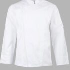 White long-sleeve chef coat with a mandarin collar, displayed on a gray background.