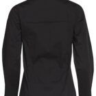 Back view of a long-sleeve black chef jacket with a high collar and button detail.
