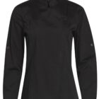 Black, long-sleeve chef jacket with an asymmetrical front closure and stand collar.