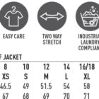 Chef jacket size chart with icons showing features like antimicrobial and two-way stretch.