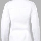 White long-sleeve chef jacket viewed from the back against a gray background.