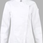 White long-sleeve chef jacket with an asymmetric front and a pocket on the left sleeve.