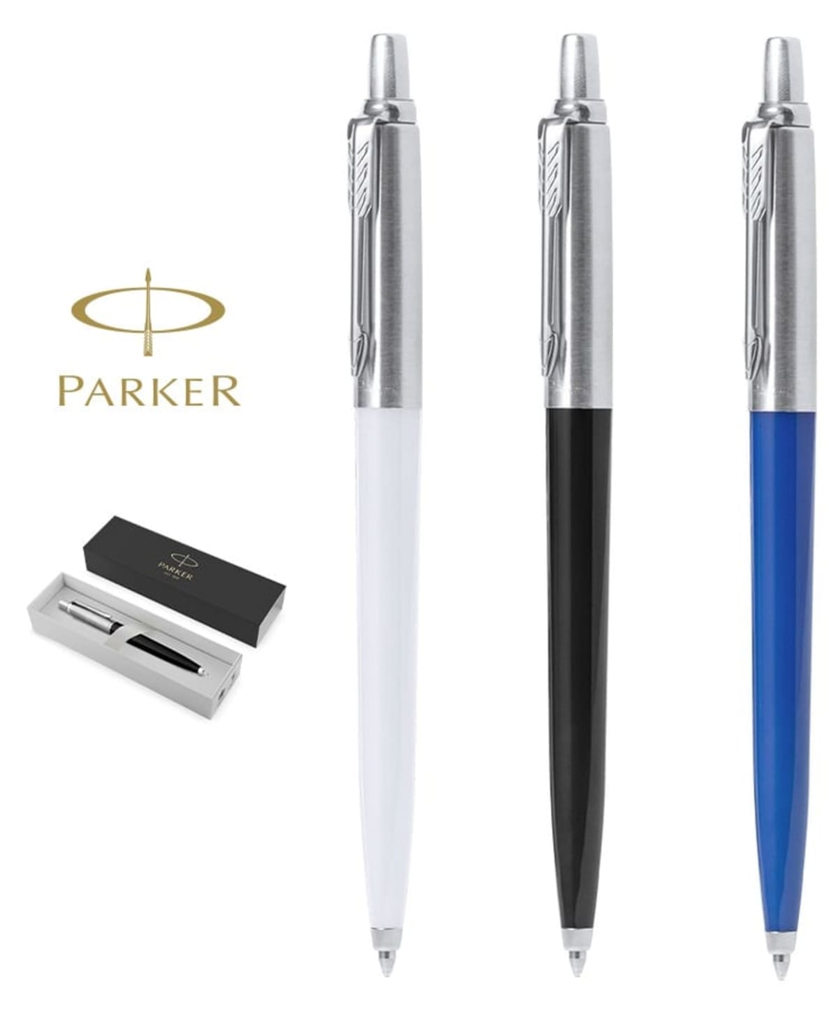 Three Parker pens in white, black, and blue, with a branded box and logo displayed.