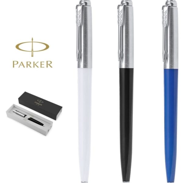 Three Parker pens in white, black, and blue with a Parker logo and pen gift box.