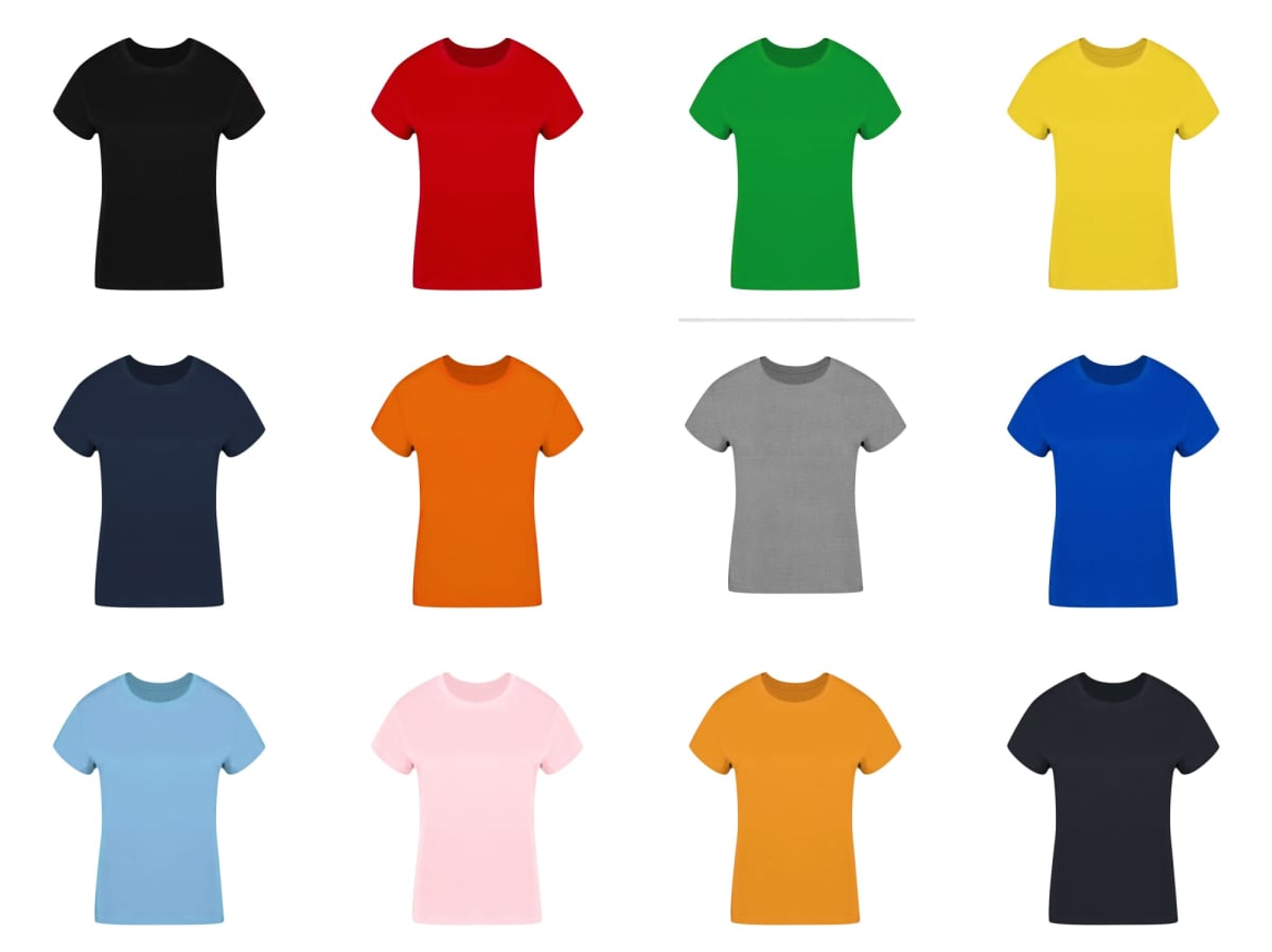 Twelve plain t-shirts in different solid colors arranged in a grid pattern.