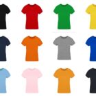 Twelve plain t-shirts in different colors arranged in a 4x3 grid on a white background.