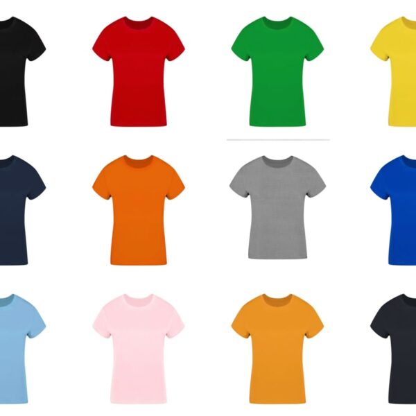 Twelve plain t-shirts in different colors arranged in a 4x3 grid on a white background.