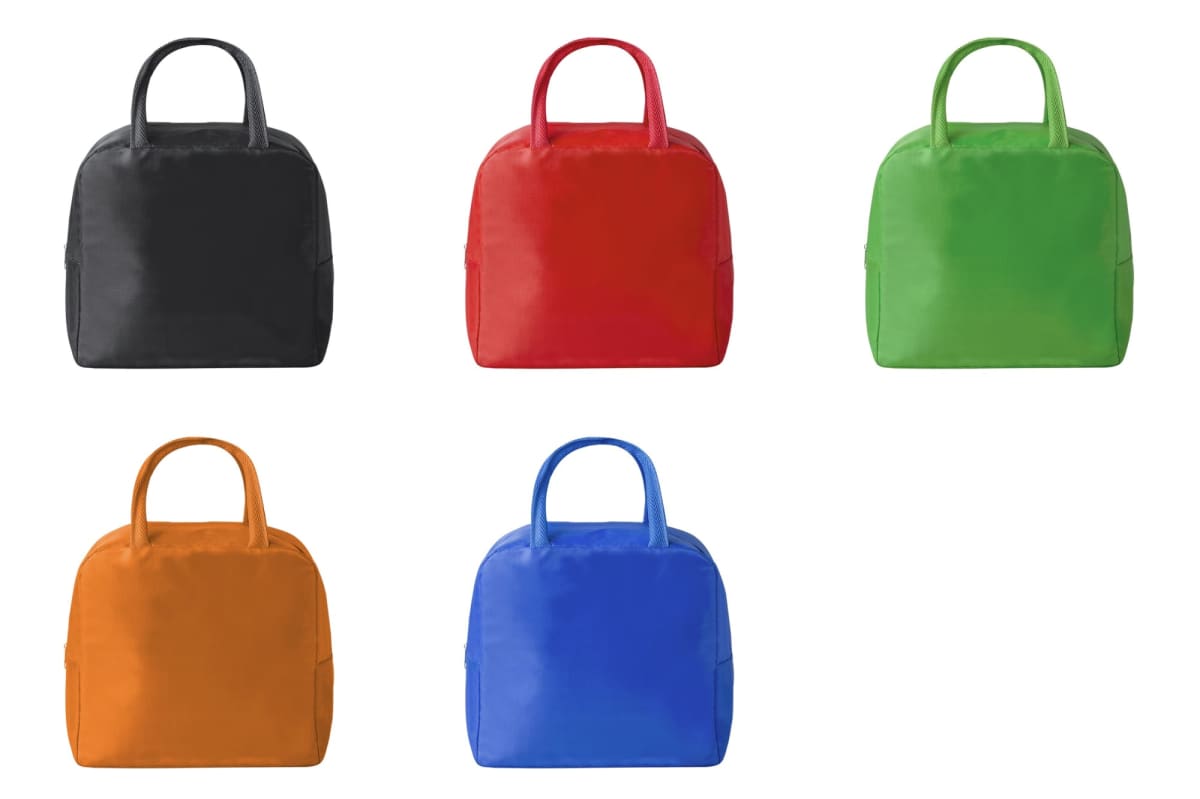 Five handbags in black, red, green, orange, and blue, arranged on a white background.