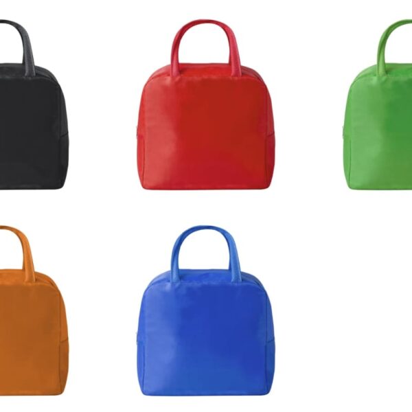 Five handbags in black, red, green, orange, and blue colors on a white background.