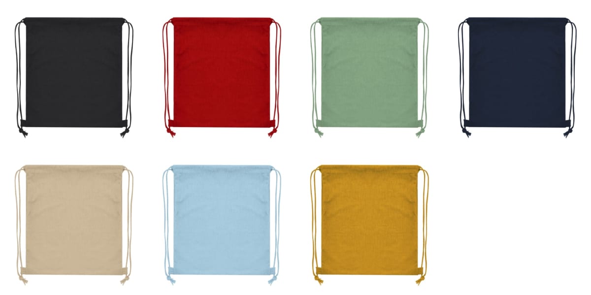 Seven drawstring bags in different colors arranged in two rows on a white background.