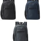 Three backpacks in black, navy blue, and dark gray on a white background.