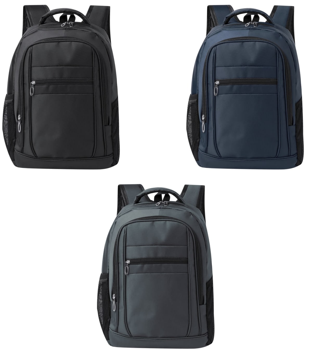 Three backpacks in black, navy blue, and dark gray on a white background.