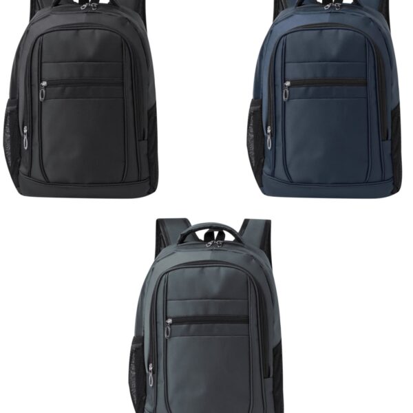 Three backpacks in black, navy blue, and dark gray, each with front and side pockets.